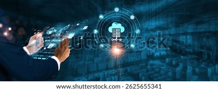 Cloud Computing: Businessman holding virtual interface panel of digital device on global networking, data storage, scalability, virtualization, security, and cloud technology in futuristic.