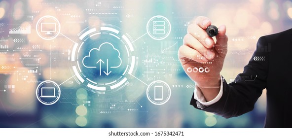 Cloud computing with businessman on blurred abstract background