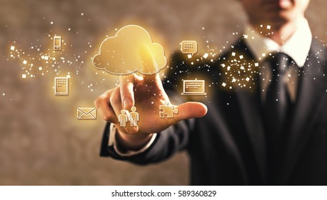 Cloud Computing with businessman on dark vintage background