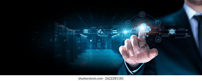 Cloud Computing: Businessman pointing icon with data storage, scalability, flexibility, collaboration, accessibility, security, cost efficiency.