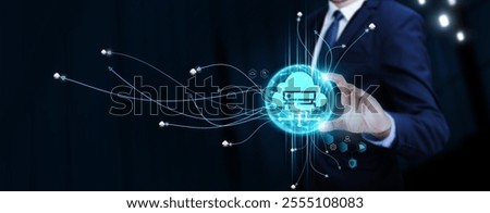 Cloud Computing: Businessman Touching Digital Global Network of Cloud Data Exchange. Seamless Integration on Social Network Connection with Hologram Modern Interface, Scalability, Efficiency.