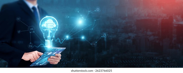 Cloud Computing: Businessman using tablet with growth graph analyzing cloud computing and data storage, scalability, security, cost-efficiency, accessibility, innovation.