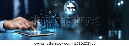 Cloud Computing: Businessman using tablet and analysis technical growth by cloud computing, scalability, flexibility, data storage, cost efficiency, collaboration.