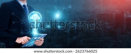 Cloud Computing: Businessman using tablet with growth graph analyzing cloud computing and data storage, scalability, security, cost-efficiency, accessibility, innovation.