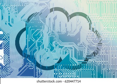 Cloud computing. Circuit board and cloud silhouette frame.