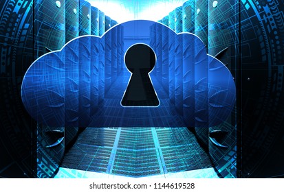 Cloud computing concept: blue cloud with keyhole on background of ranks modern supercomputers in computational data center