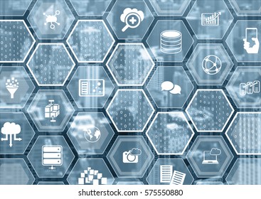 Cloud computing concept as blurred background with hexagon shapes and symbols
