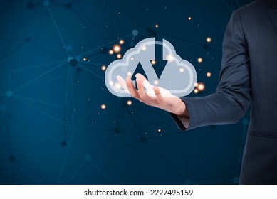 Cloud computing concept. Business man connect to data information with cloud computing diagram show on hand.