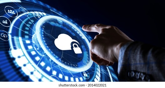 Cloud computing concept. Business, technology, internet and networking concept. Young businessman select the icon Cloud on the virtual display.