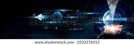 Cloud Computing Concept. Businessman Holding Global Network Connection on Social Networking and Data Storage, Scalability, Security, Technology and Virtualization.