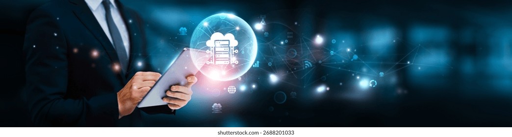 Cloud computing concept. Businessman manage and analysis of growth graph data on virtual server infrastructure, scalable storage solutions, cloud-based analytics platforms, remote data access.