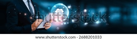 Cloud computing concept. Businessman manage and analysis of growth graph data on virtual server infrastructure, scalable storage solutions, cloud-based analytics platforms, remote data access.