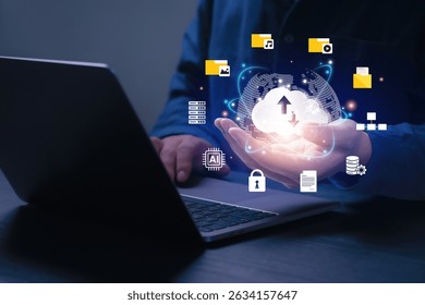 Cloud computing concept. Businessman uses a tablet and laptop with digital cloud storage and data icons, suggesting cloud-based, Document Management System. upload and download. data center. service.