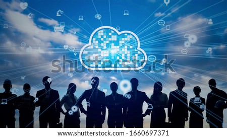 Cloud computing concept. Communication network. Human resources.
