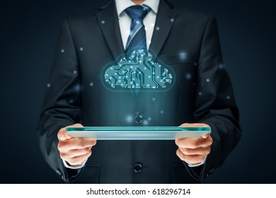 Cloud computing concept - connect devices to cloud. Businessman or information technologist with cloud computing icon in printed circuit board (PCB) design.