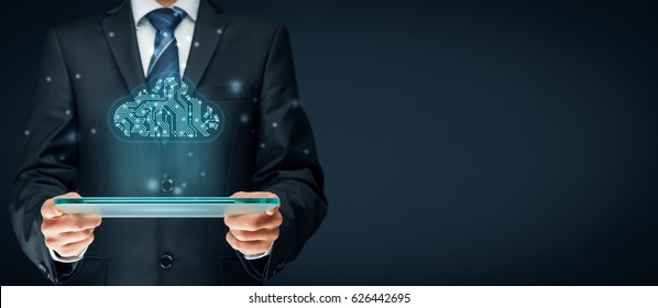 Cloud Computing Concept - Connect Devices To Cloud. Businessman Or Information Technologist With Cloud Computing Icon In Printed Circuit Board (PCB) Design.