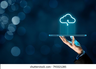 Cloud computing concept - connect devices to cloud. Businessman or information technologist with cloud computing icon and tablet. - Shutterstock ID 793321285