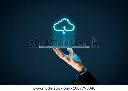 Cloud computing concept - connect devices to cloud. Businessman or information technologist with cloud computing icon and tablet.
