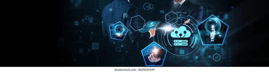 Cloud Computing Concept: Data storage, virtualization, scalability, on-demand resources, remote access, cybersecurity, and distributed computing on global business network.