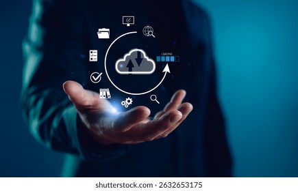 Cloud computing concept with data synchronization and file sharing icons. Modern technology design representing digital transformation, cloud storage, data backup, and seamless information access.