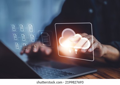 Cloud computing concept, cloud computing diagram show on hand. Cloud technology. Data storage. Networking and internet service concept.