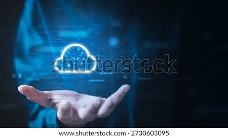 Cloud computing concept with digital data flow, virtual servers, and network connections representing scalable storage, global infrastructure, and modern cloud technology.