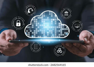 Cloud computing concept with digital cloud icon, data security symbols, and business technology interface. Ideal for illustrating modern IT services and digital transformation.