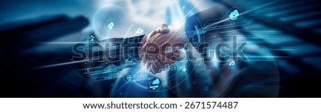 Cloud Computing concept, enabling scalability, IT Manager handshake of global network connection enhancing data access, storage, collaboration, speed, security, and agility. 