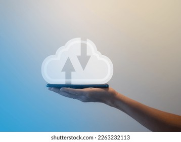 cloud computing concept, hand holding virtual cloud icon, cloud technology big data storage on smartphone 