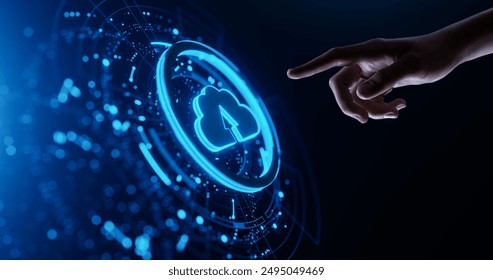 Cloud computing concept. Human Hand Touching Futuristic Virtual Screen with cloud computing, laptop and smartphone icon