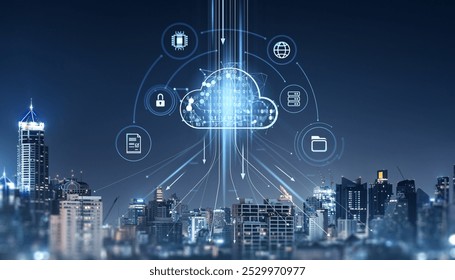 A cloud computing concept illustrated over a city skyline at night, digital style, showcasing technology and connectivity