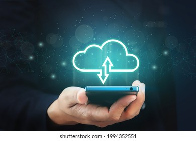 Cloud computing concept illustrating a smartphone connected to the cloud, representing digital connectivity and data management.