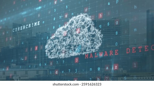 Cloud computing concept image over cityscape with binary code and numbers. Technology, digital, networking, data, futuristic, connectivity