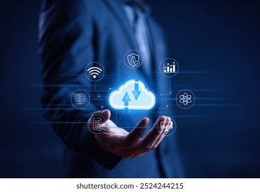 Cloud computing concept, internet backup storage, network and digital, mobile cloud icons and cyber security. Digital transformation.