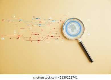 Cloud computing concept with magnifier glass focusing on big data. Downloading and loading information. System network application, technology, and data security. Digital innovation.
