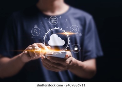 Cloud computing concept. Man connect smart phone to cloud. information technology with virtual cloud computing icon.