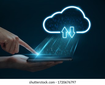 Cloud computing concept, Man hand using smartphone connect to cloud for transfer data.