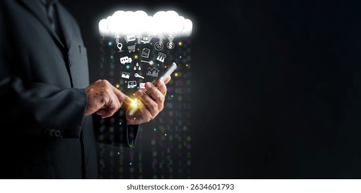 Cloud Computing Concept – A man uses a smartphone to upload and download IT resources via cloud technology, featuring binary code, data streams, networking, and digital delivery systems