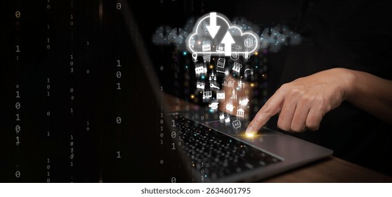 Cloud Computing Concept – A man uses laptop computer to upload and download IT resources via cloud technology, featuring binary code, data streams, networking, and digital delivery systems