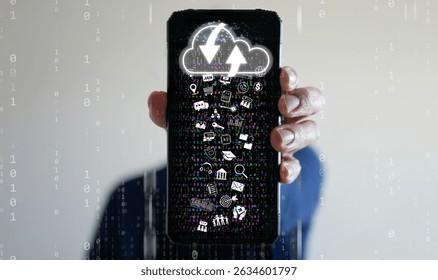 Cloud Computing Concept – A man uses a smartphone to upload and download IT resources via cloud technology, featuring binary code, data streams, networking, and digital delivery systems