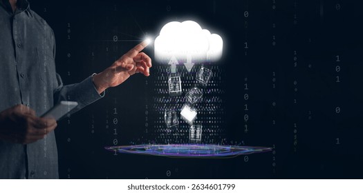 Cloud Computing Concept – A man uses a smartphone to upload and download files via cloud technology, featuring binary code, data streams, networking, and digital delivery systems