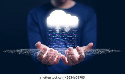 Cloud Computing Concept – Man Using Cloud Technology to Deliver IT Resources as Binary Code via Internet with Data Streams, Networking, and Digital Transfer
