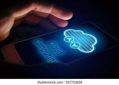 Cloud computing concept, Man using smartphone with virsual screen