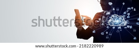 Cloud computing concept. Mobile communication network. Wide image for banners, advertisements.
