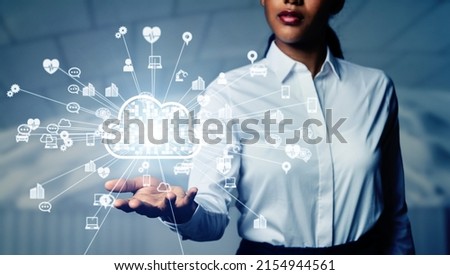 Cloud computing concept. Modern city and communication network. Software as a Service. SaaS. Communication network.