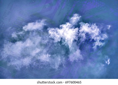 cloud computing concept - cloud and schematic motherboard layer as a nature integrated circuit