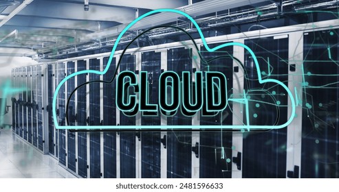 Cloud computing concept with server racks in data center, digital network overlay. Technology, IT infrastructure, virtualization, cybersecurity, connectivity, information technology