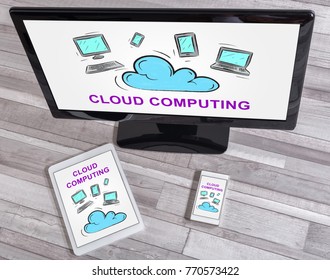 Cloud computing concept shown on different information technology devices