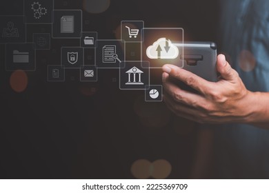 Cloud computing concept, smartphone in man's hand, digital network data connection technology, modern communication with information technology, innovation online backup with highly secure protection