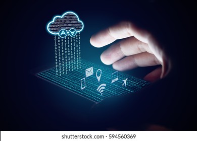 Cloud computing concept, Woman using smartphone and protection with virsual screen.
